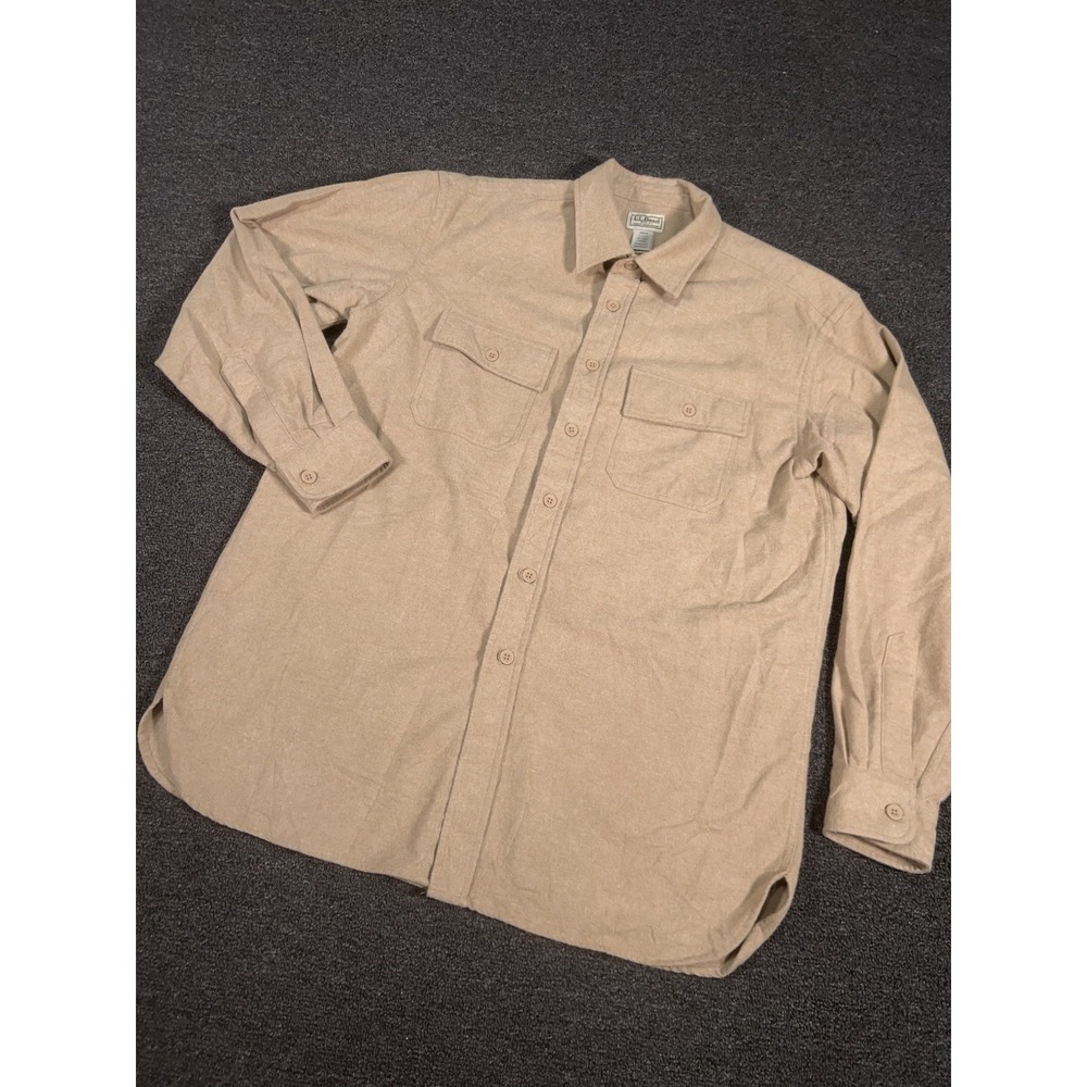 LL Bean Chamois Shirt Men's Large Beige Button Up Outdoors Heavyweight Flannel